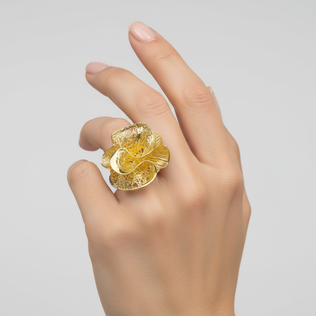 All-gold filigree flower ring on model's finger - smaller size