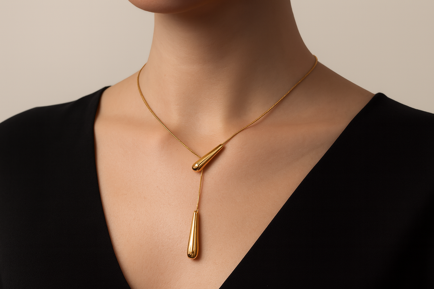Generated lifestyle image of the gold necklace being worn