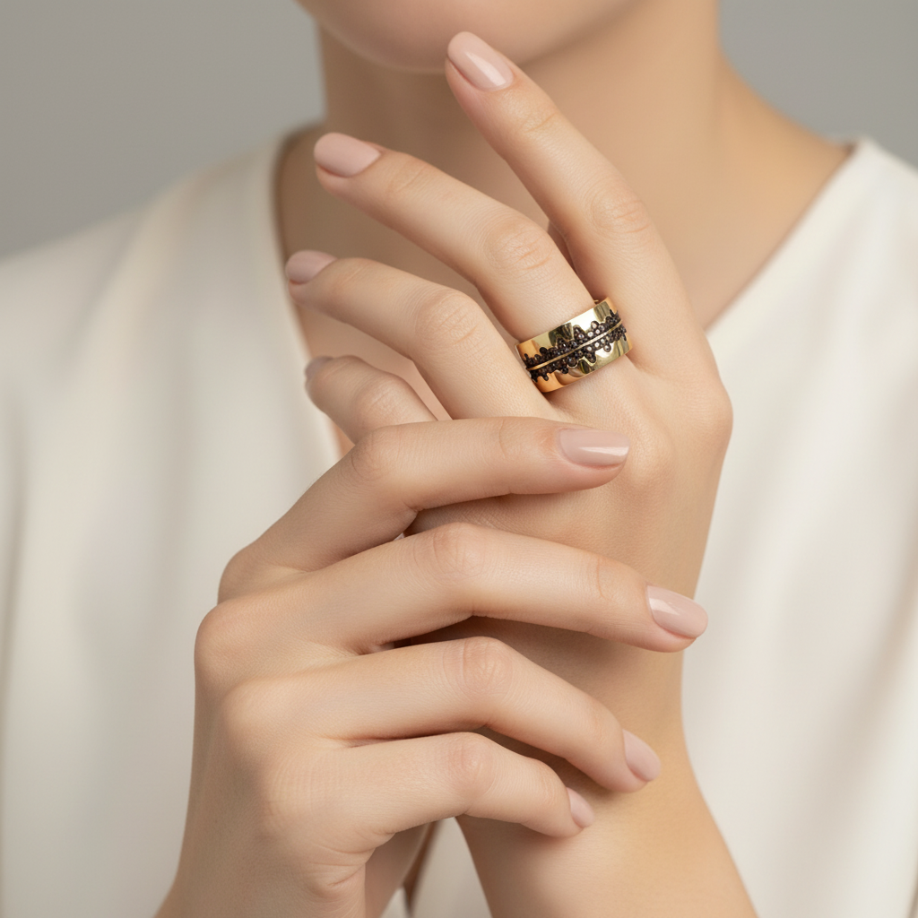 Gold crown lace ring on finger