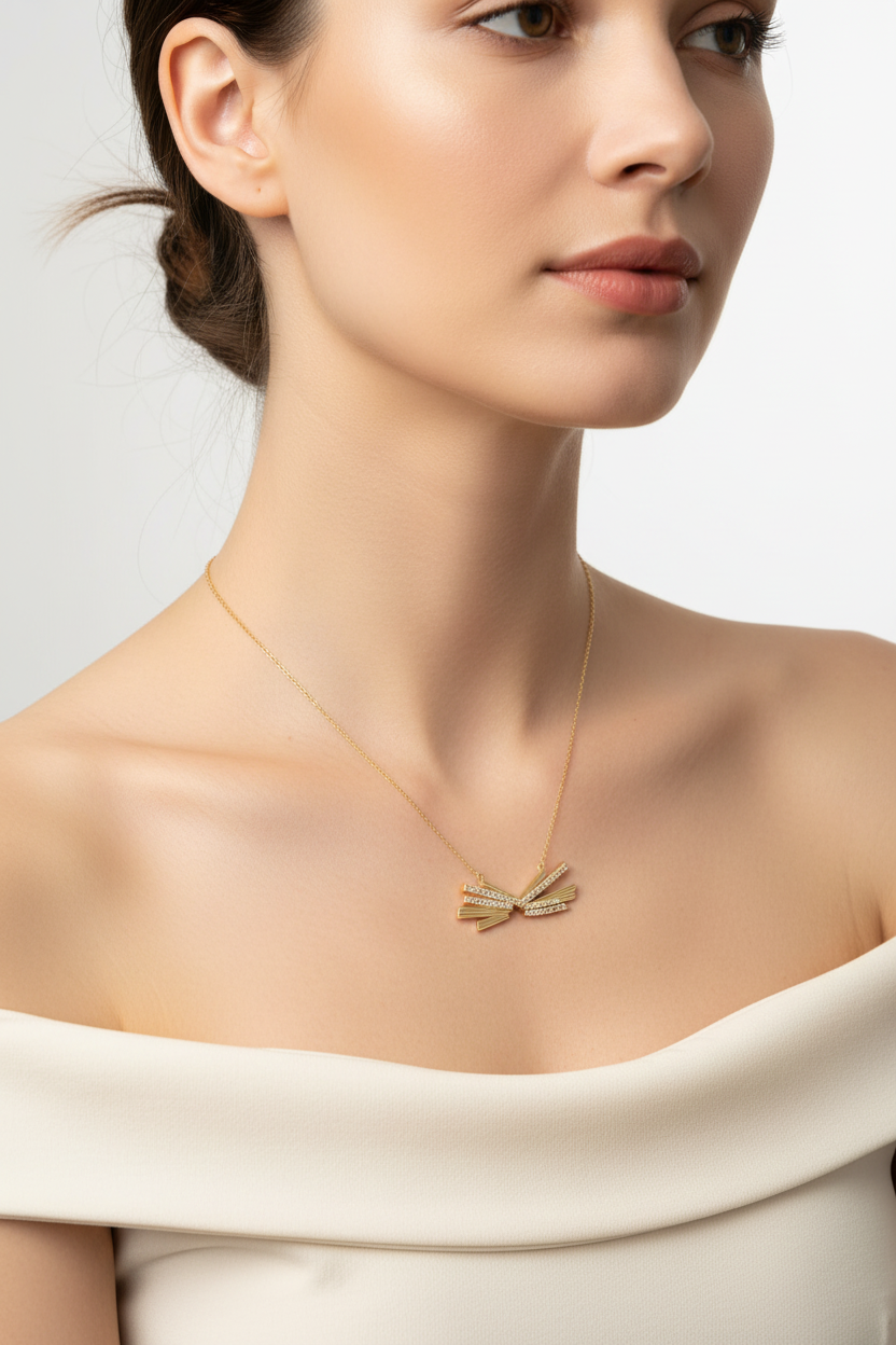 Gold geometric pendant necklace worn on neck