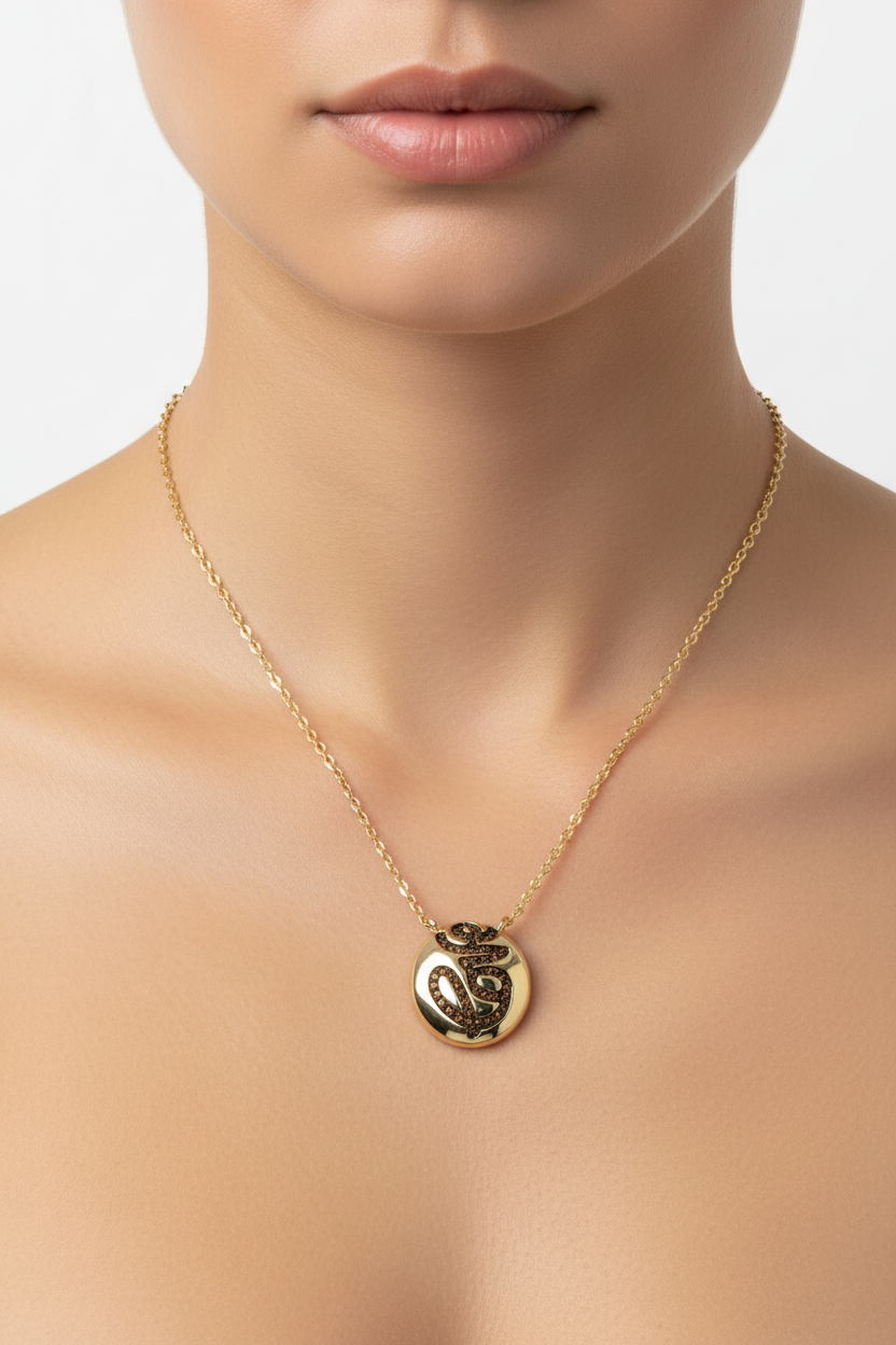 Gold swirl pendant with brown diamonds on model