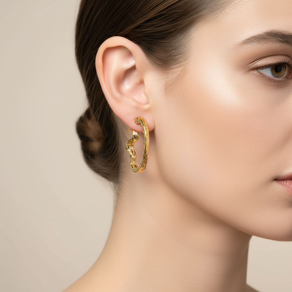 Gold wavy hoop earrings on model