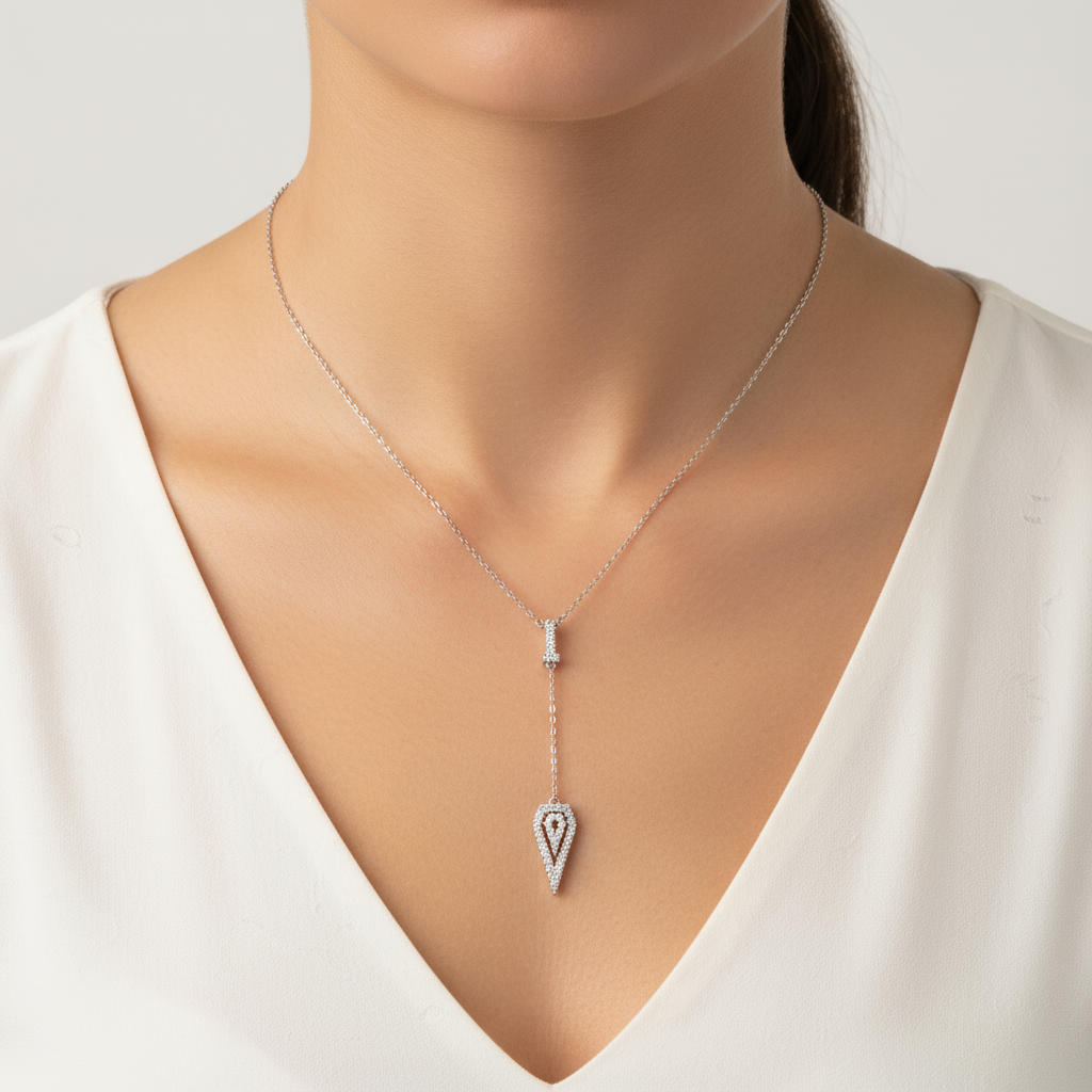 Leaf pendant Y-necklace on model neck