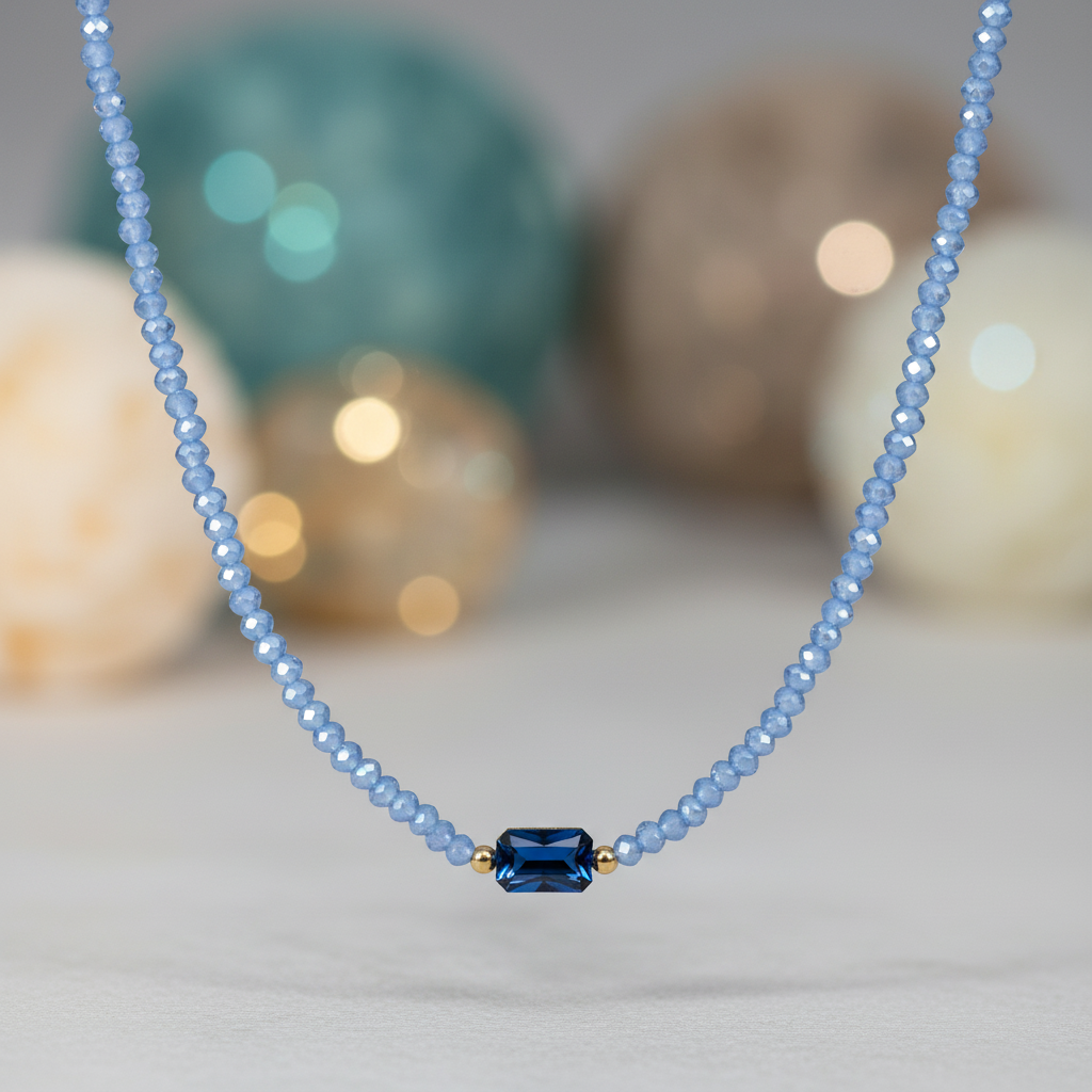 Light blue beaded necklace with elegant background