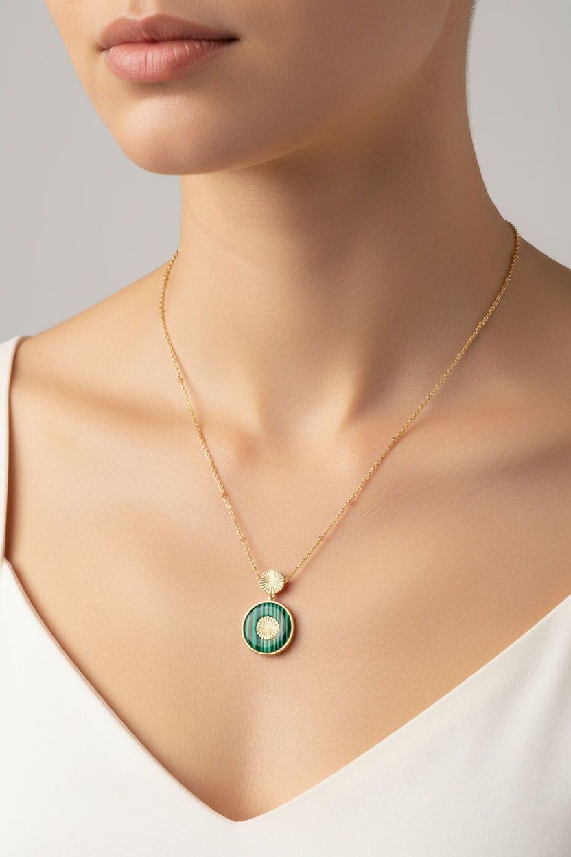 Malachite pendant necklace on model - realistic size