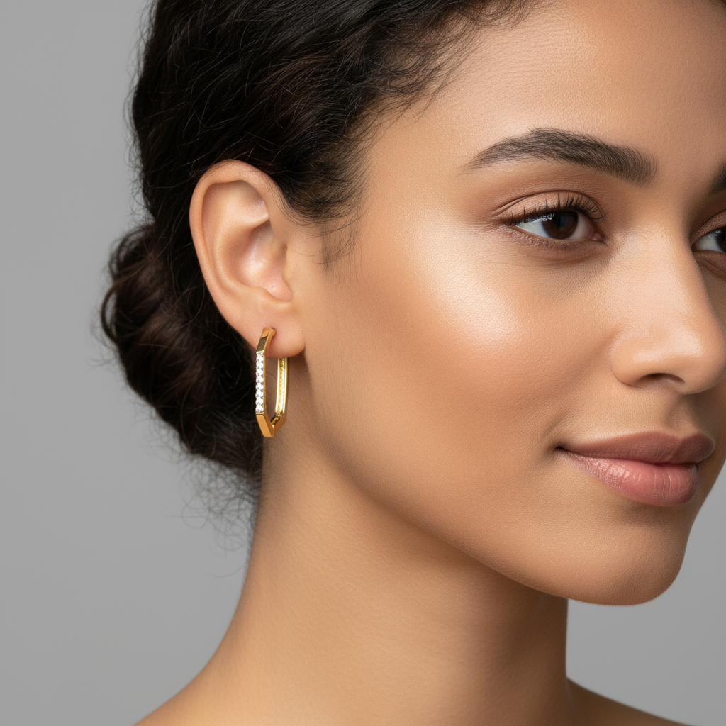 Pair of gold CZ hoop earrings on model