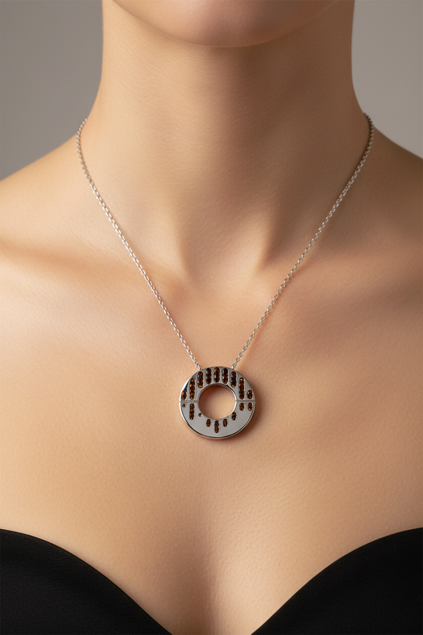Silver circular pendant with amber crystals on model