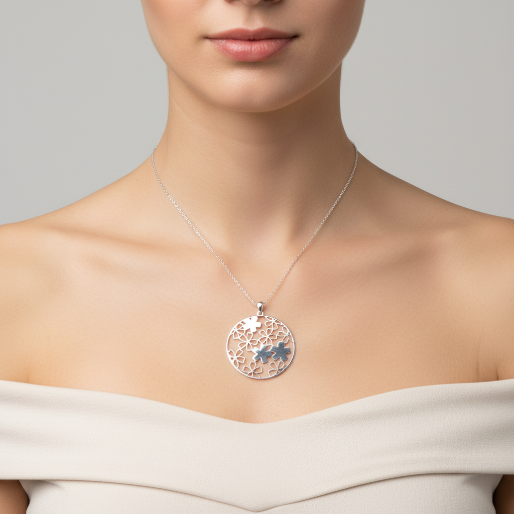 Silver floral disc pendant necklace on model neck