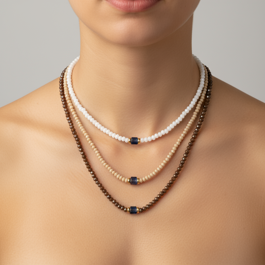 Three layered beaded necklaces on model