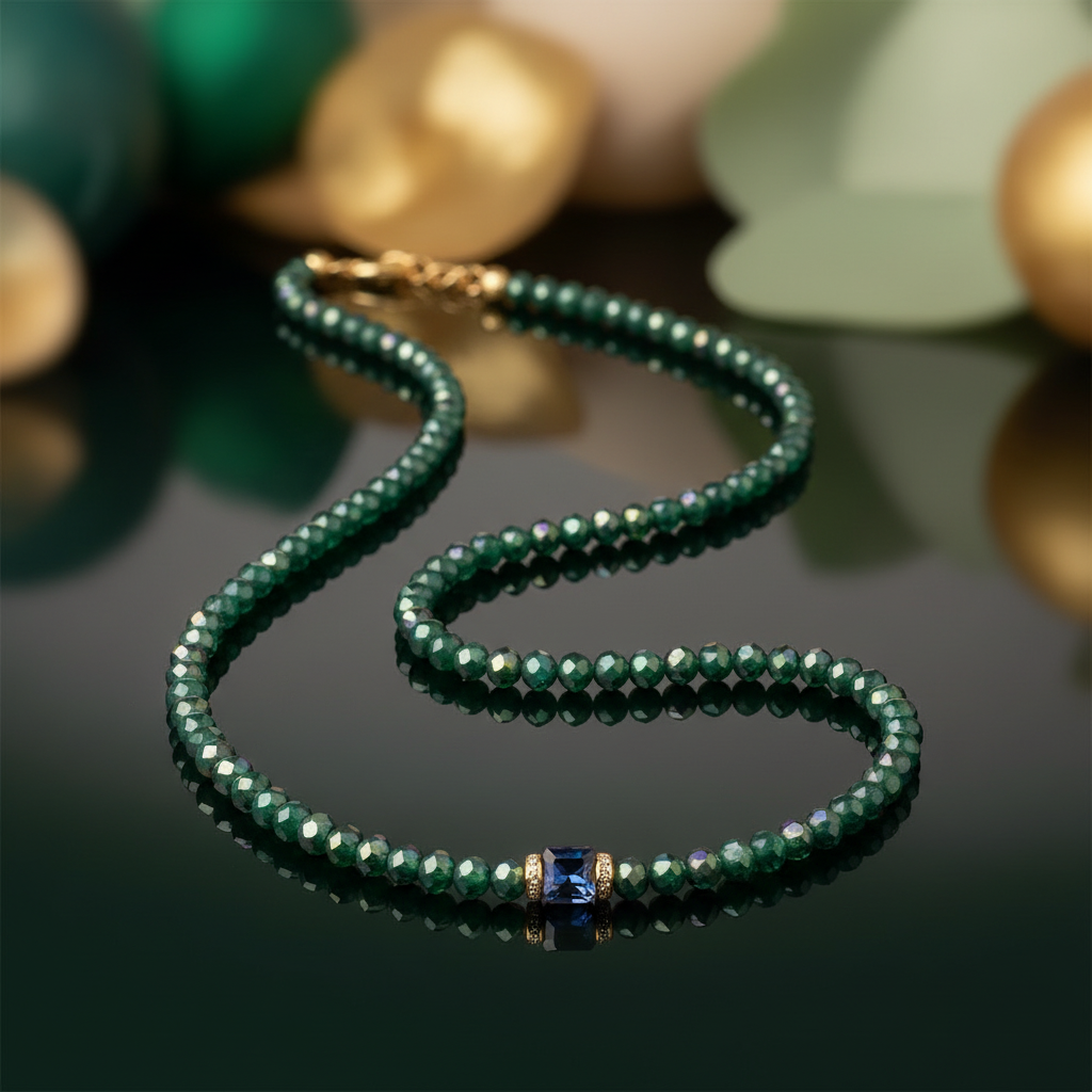 Twilight Glint beaded necklace with elegant background