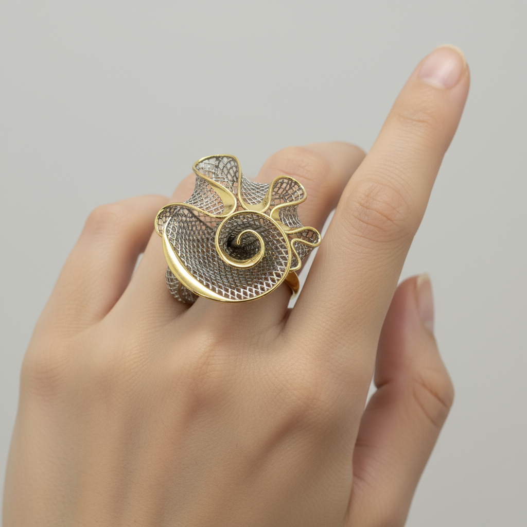 Two-tone mesh flower ring on model's finger
