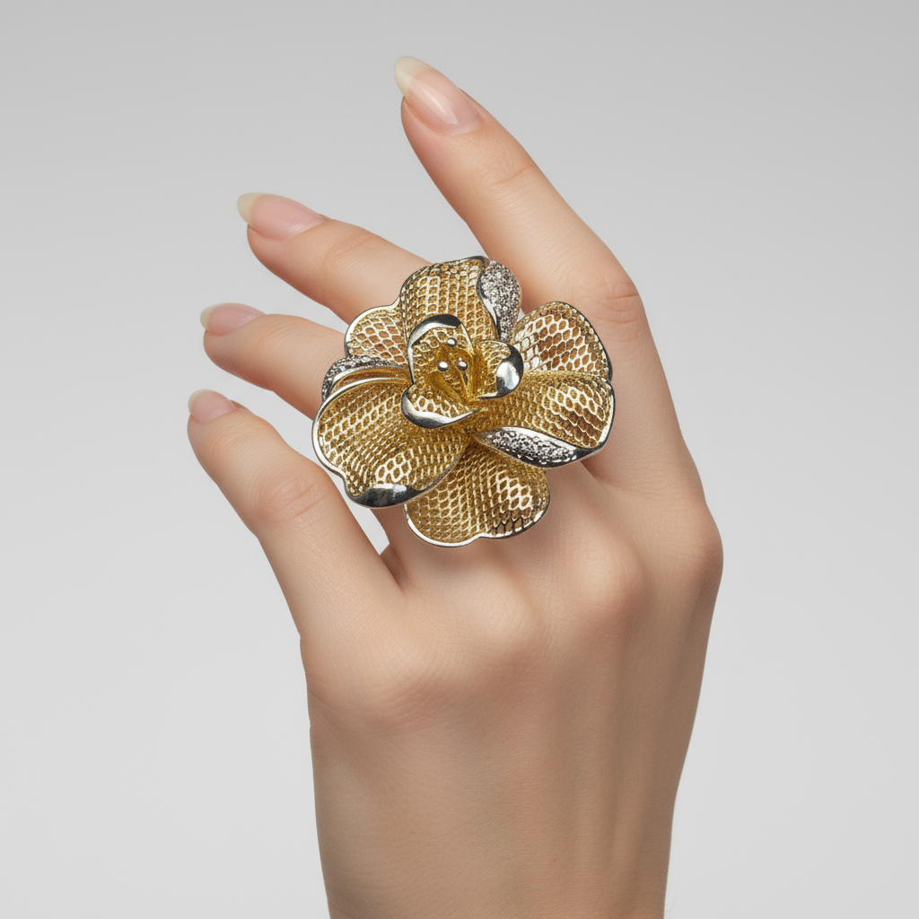 Two-tone mesh flower ring on model's finger