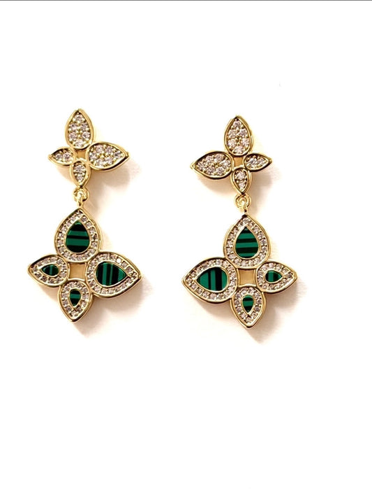 Malachite Bloom CZ Butterfly Earring Gold LM