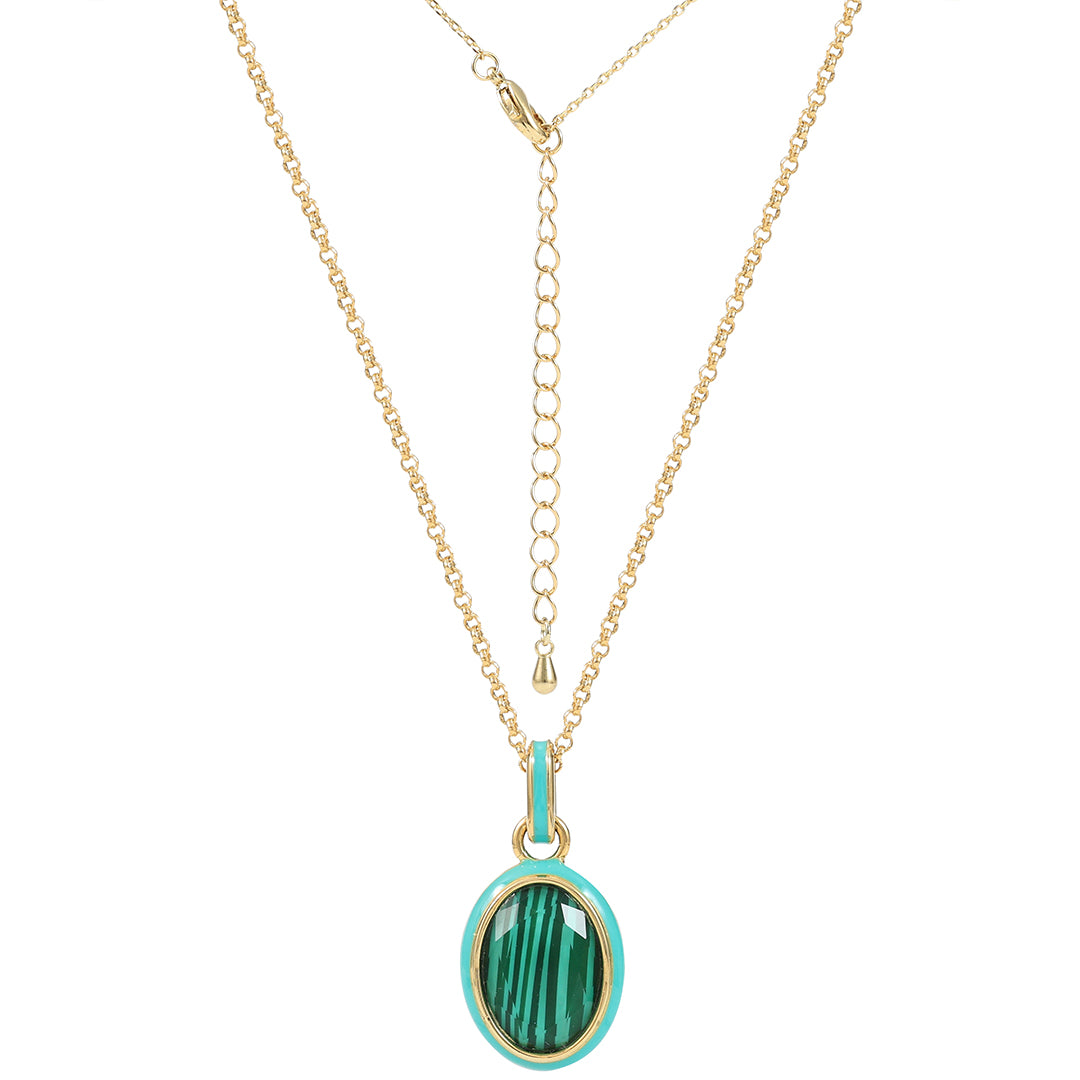 Malachite Turquoise Enamel Gold Pendant Necklace