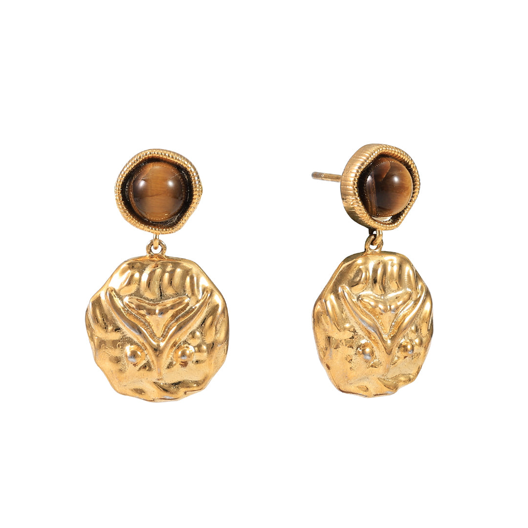 Tiger Eye & Hammered Gold Disc Drop Earrings "LM"