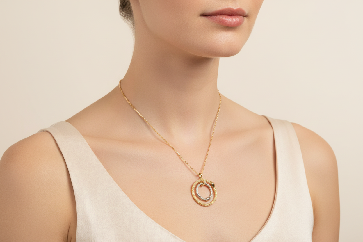 All gold circle necklace on model