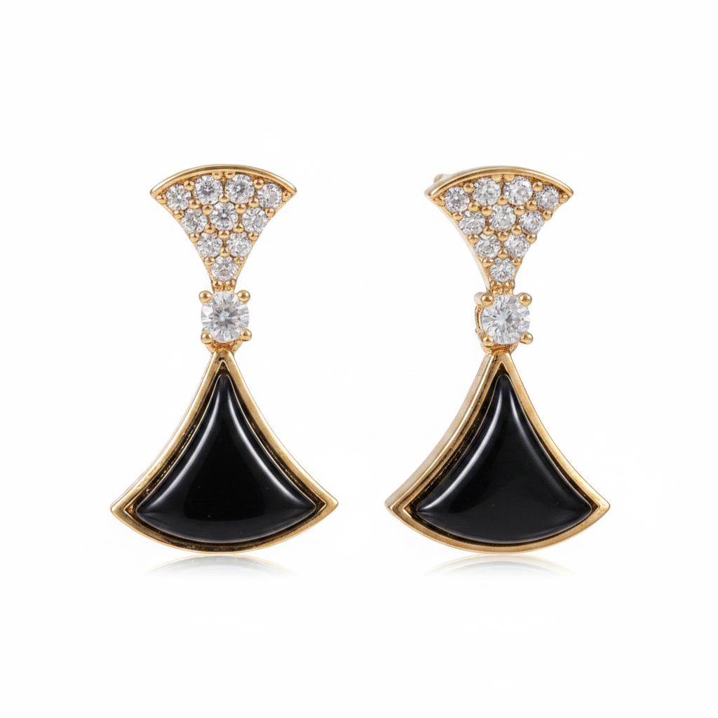Art Deco Fan Drop Earrings - Black Stone
