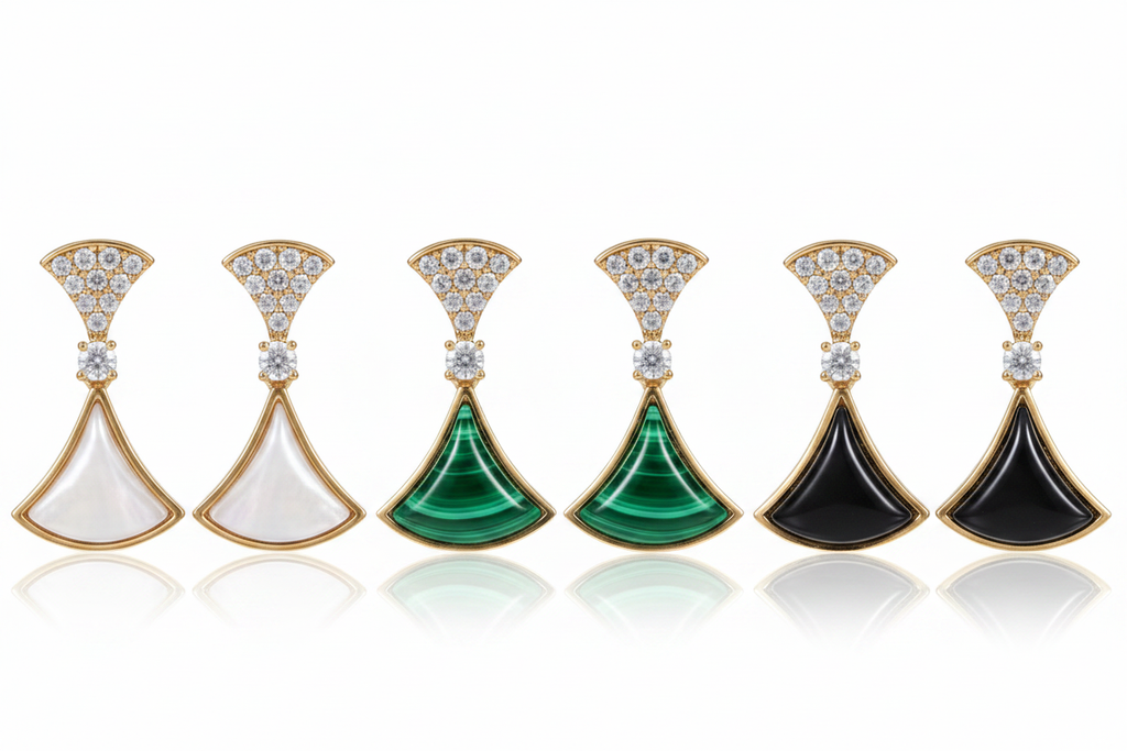 Art Deco Fan Drop Earrings - MOP, Malachite & Black