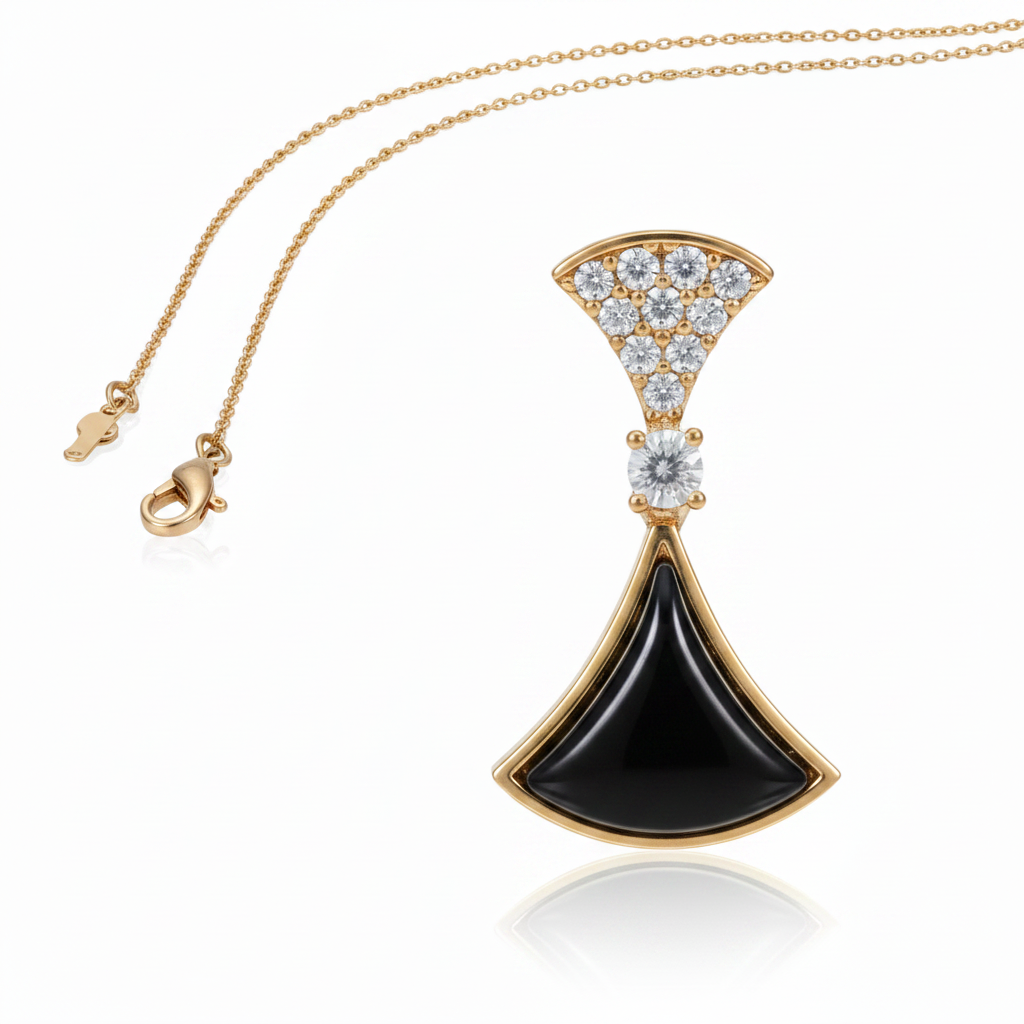 Art Deco Fan Pendant Necklace - Black Stone
