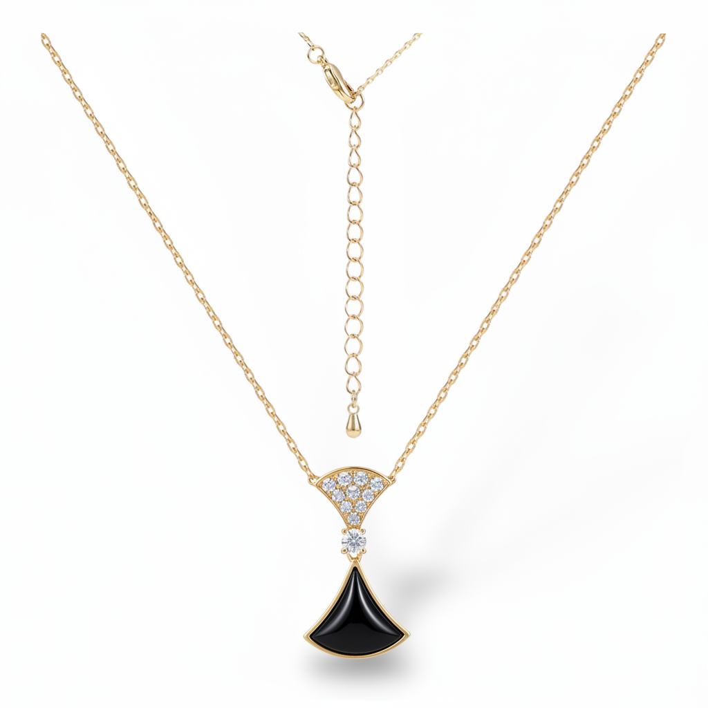 Art Deco Fan Pendant Necklace - Black Stone