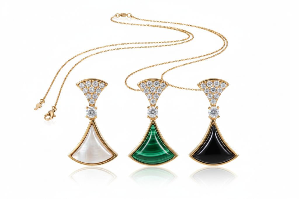 Art Deco Fan Pendant Necklaces - MOP, Malachite & Black