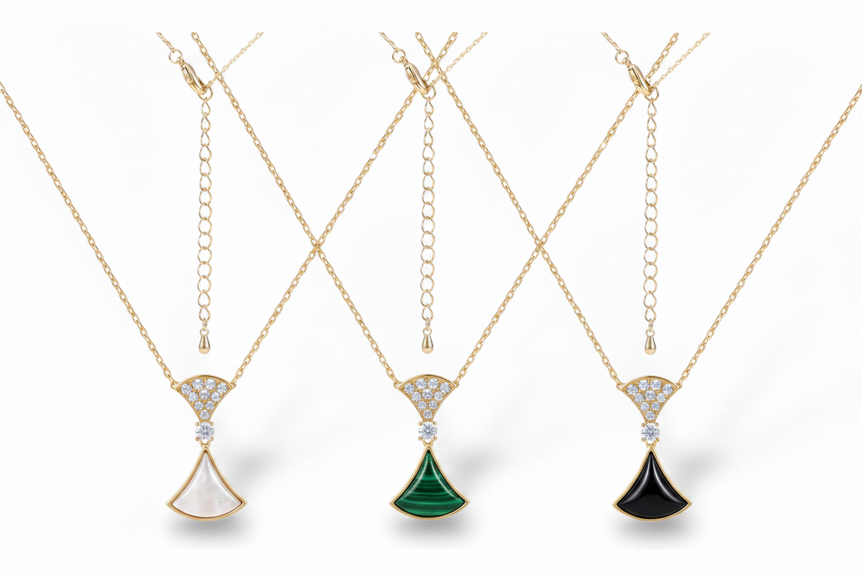 Art Deco Fan Pendant Necklaces - MOP, Malachite & Black