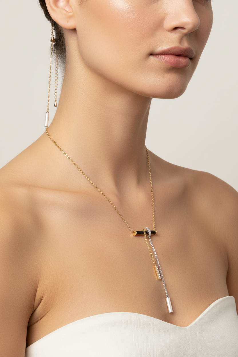 Art Deco necklace on neck