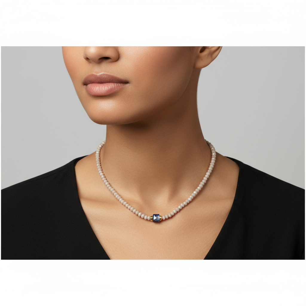 Beige beaded necklace on model