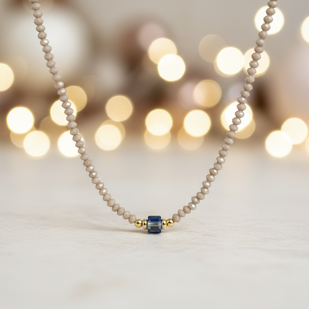 Beige taupe beaded necklace with elegant background
