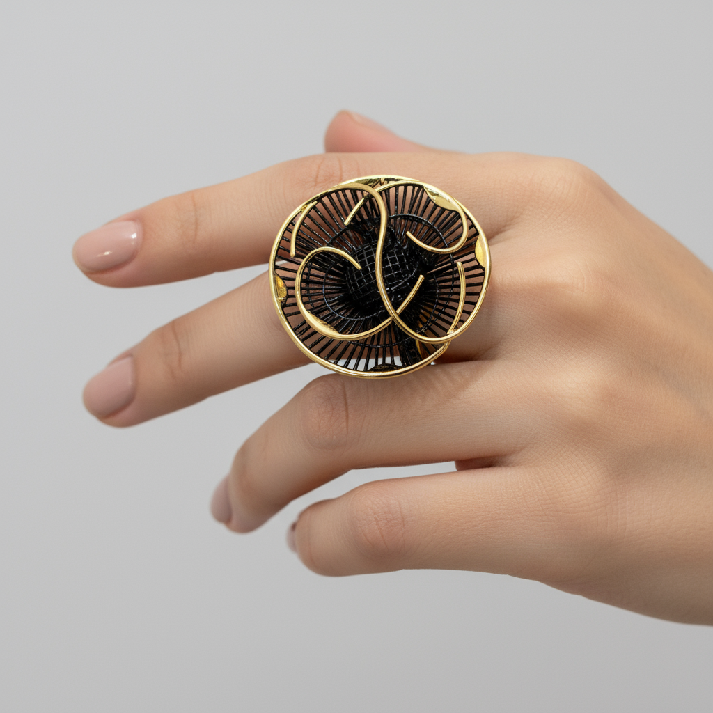 Black and gold flower ring on model's finger - smaller size