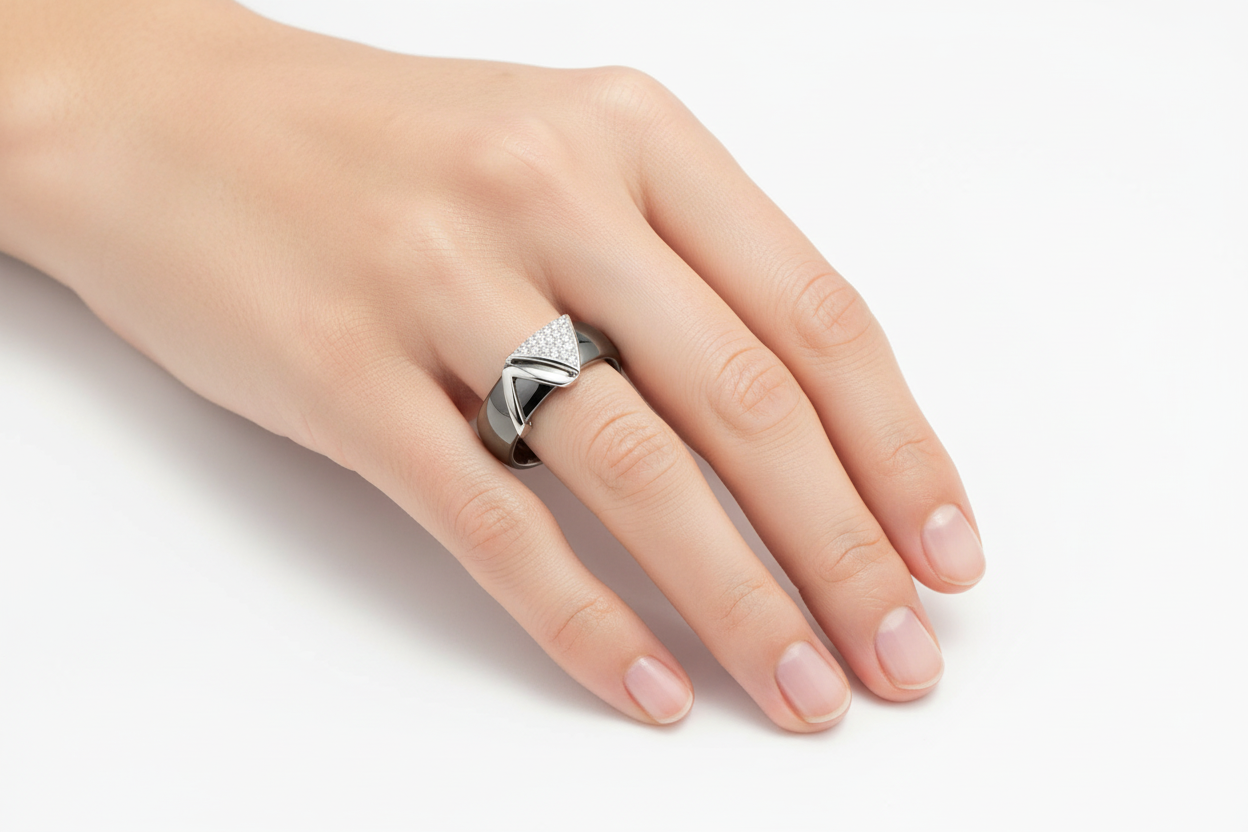 Black and silver geometric ring with diamond accent worn on hand