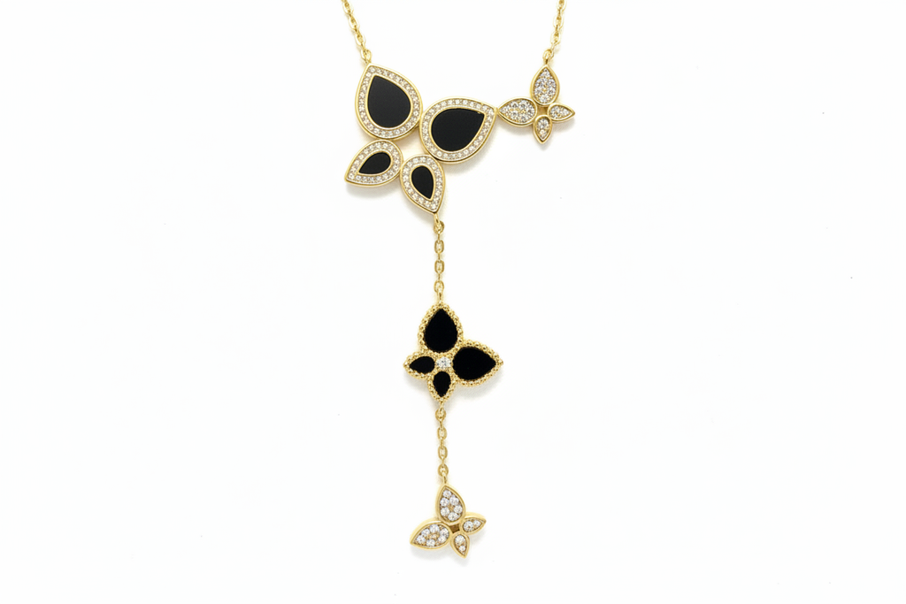 Black Butterfly Lariat Necklace White Background