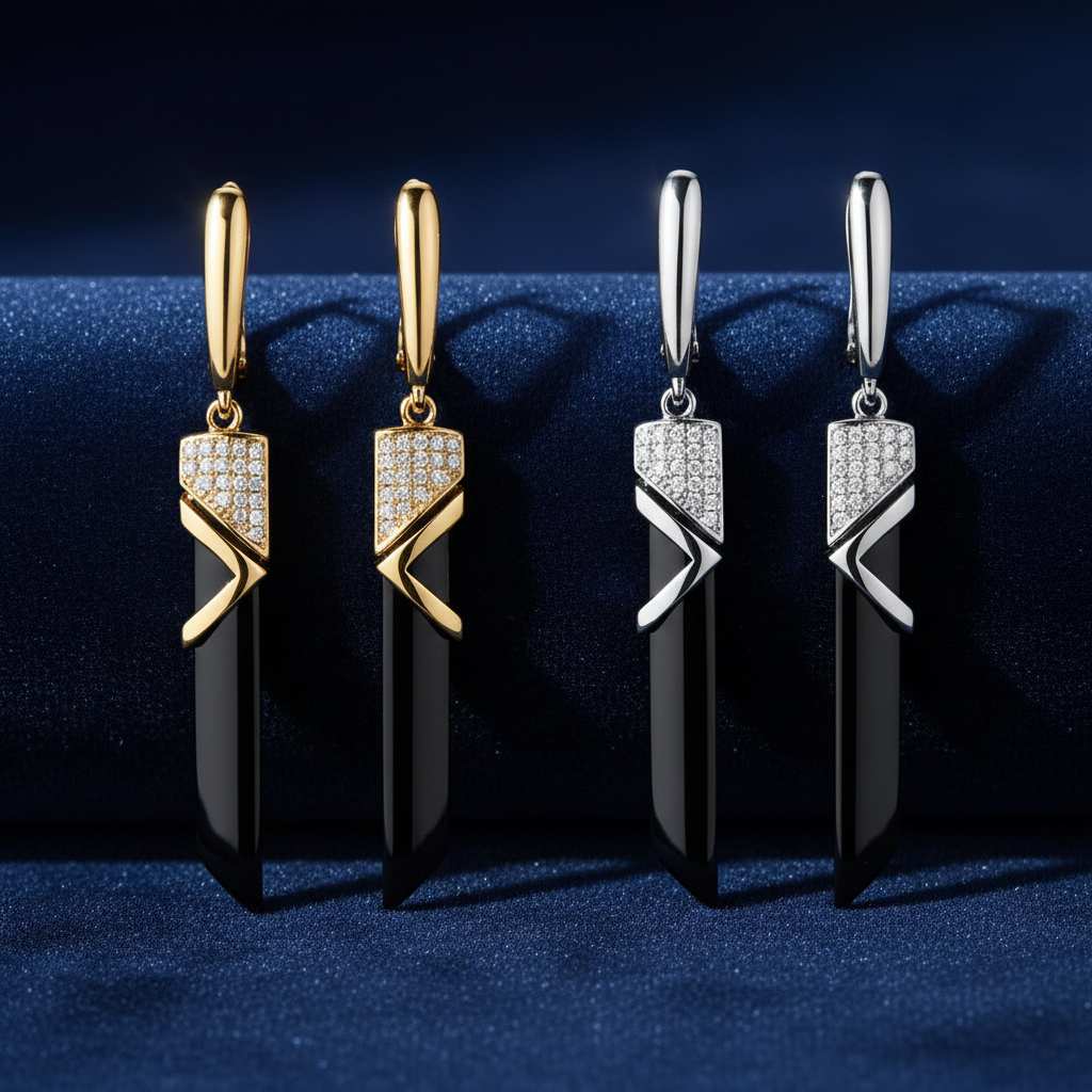 Black Ceramic Geometric Drop Earrings – Dark Background Flat Lay