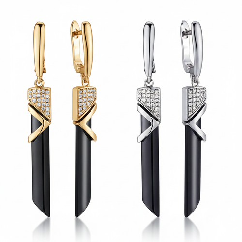 Black Ceramic Geometric Drop Earrings – Gold & Silver