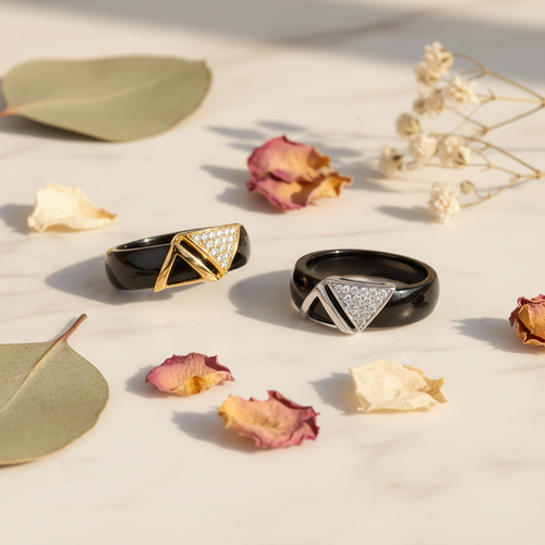 Black Ceramic Geometric Ring – Gold & Silver Flat Lay