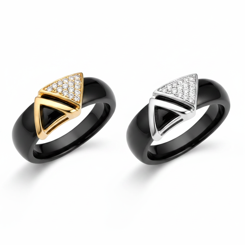 Black Ceramic Geometric Ring – Gold & Silver