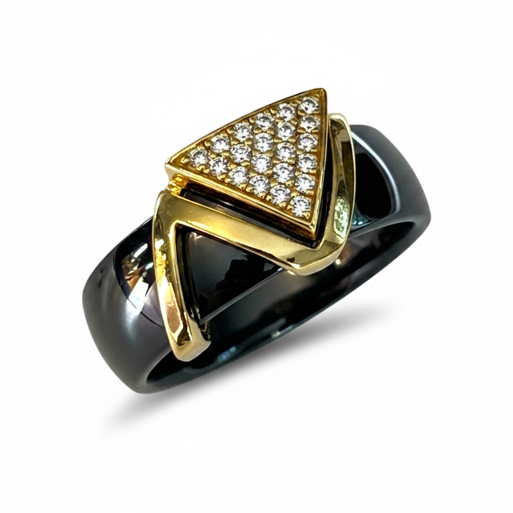 Black Ceramic Geometric Ring – Gold