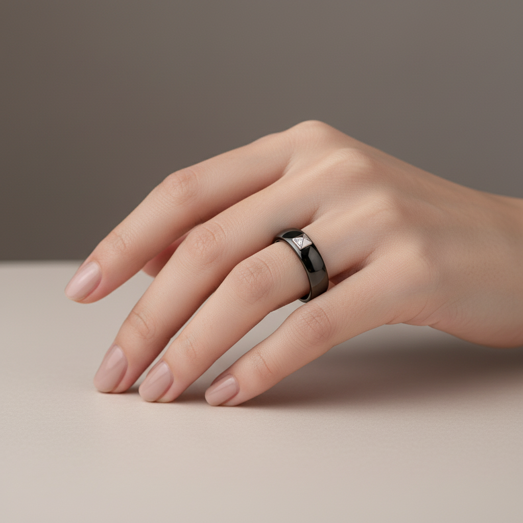 Black ceramic ring on finger