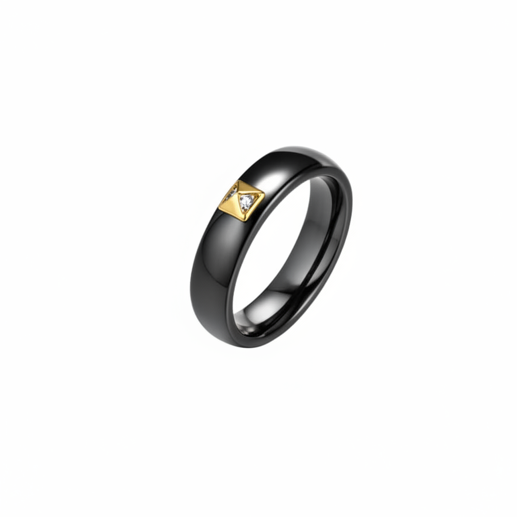 Black ceramic ring with gold triangle accent