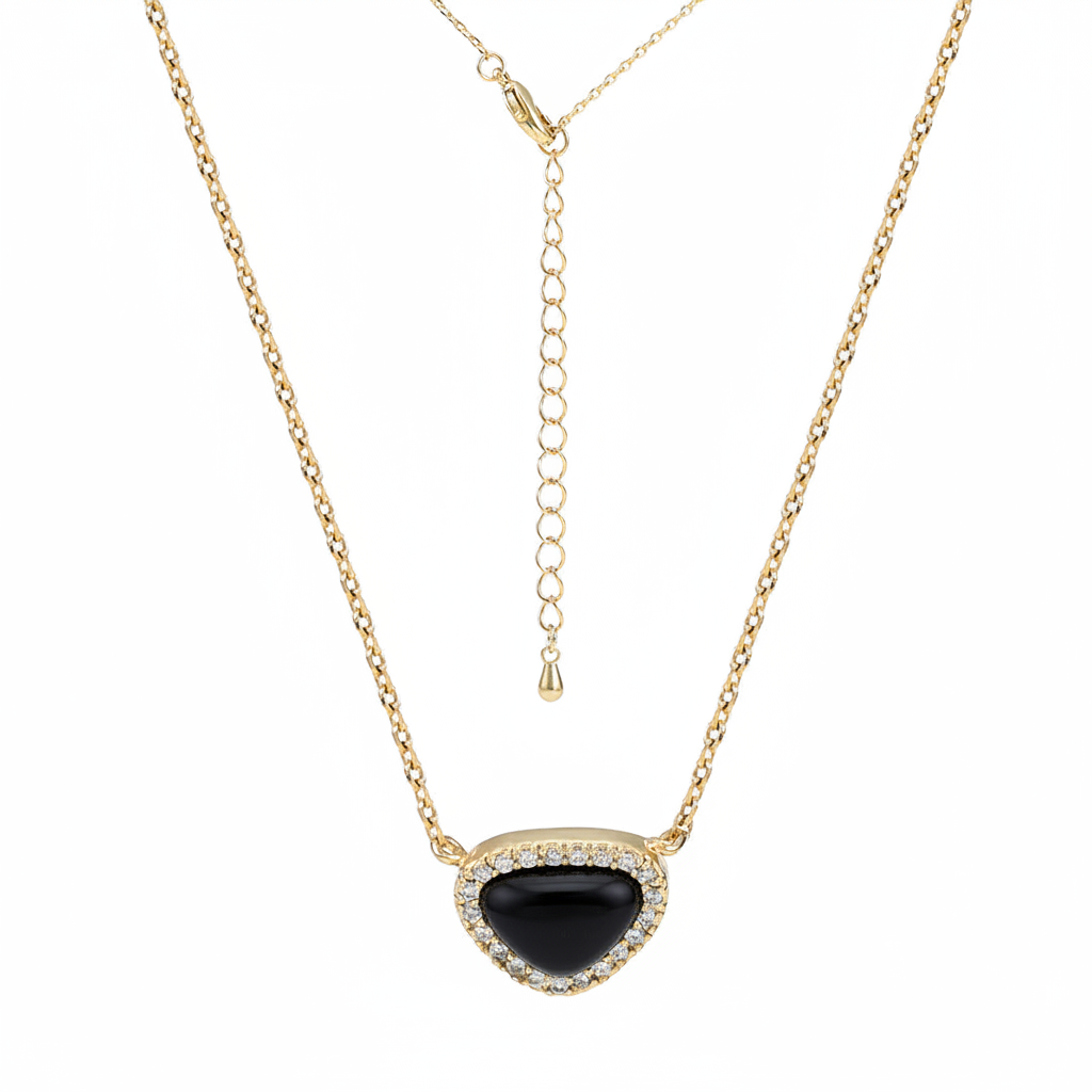 Black Stone Crystal Halo Pendant Necklace