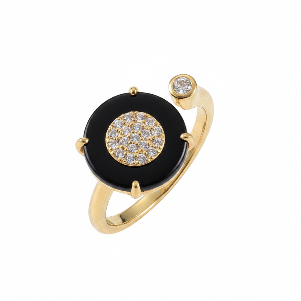 Black Stone Crystal Pav\u00e9 Gold Ring