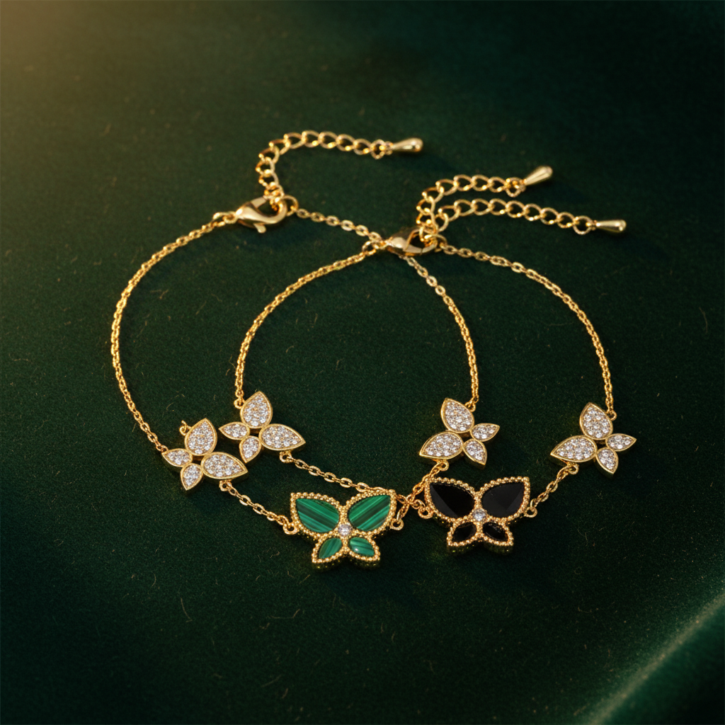 Bloom CZ Butterfly Bracelet – Forest Green Velvet Flat Lay
