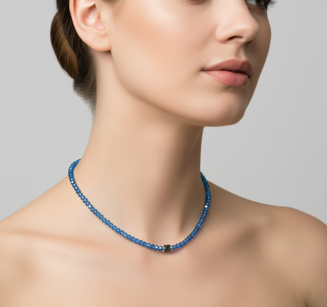 Blue beaded necklace on model