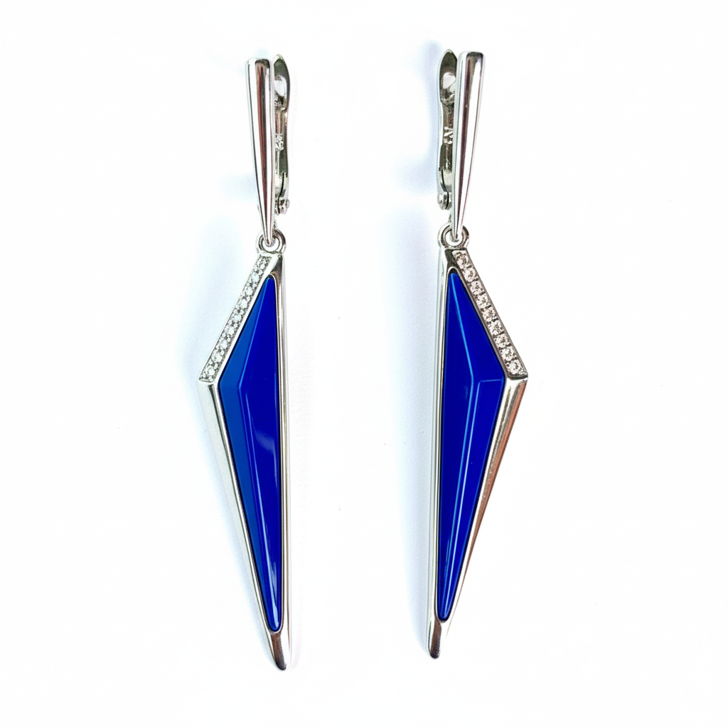 Blue enamel geometric drop earrings in silver