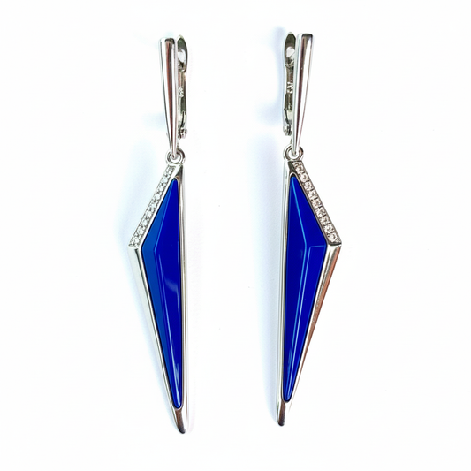 Blue enamel geometric drop earrings in silver