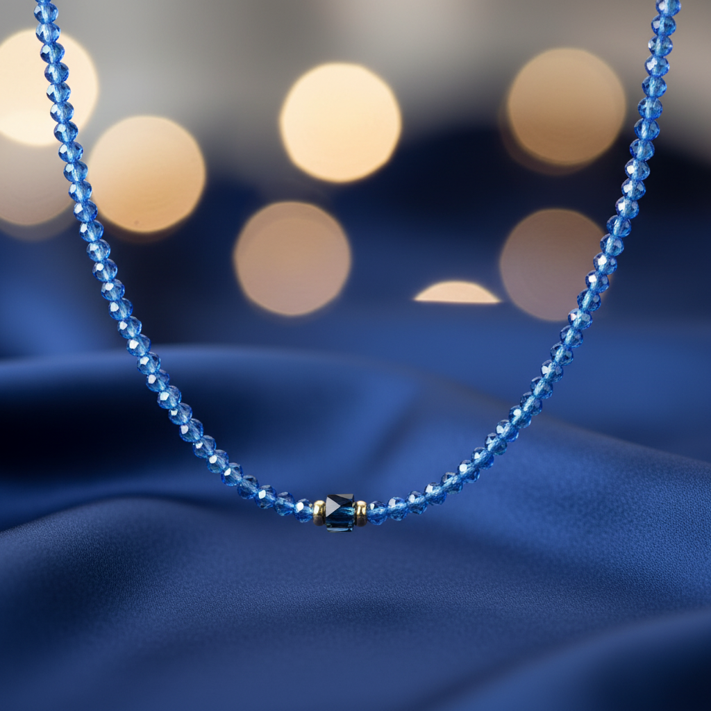 Bright blue beaded necklace with elegant background