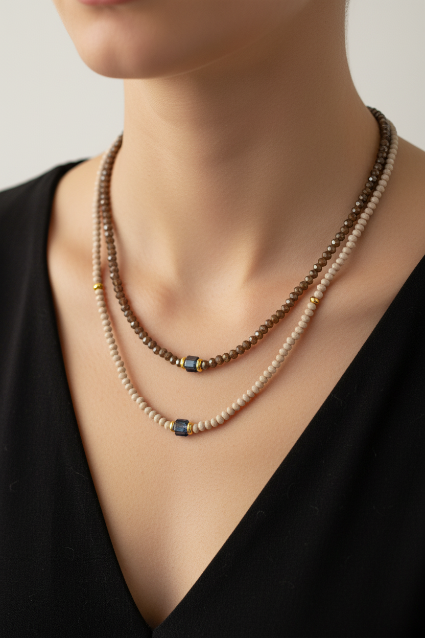 Brown and beige beaded necklaces layered on model
