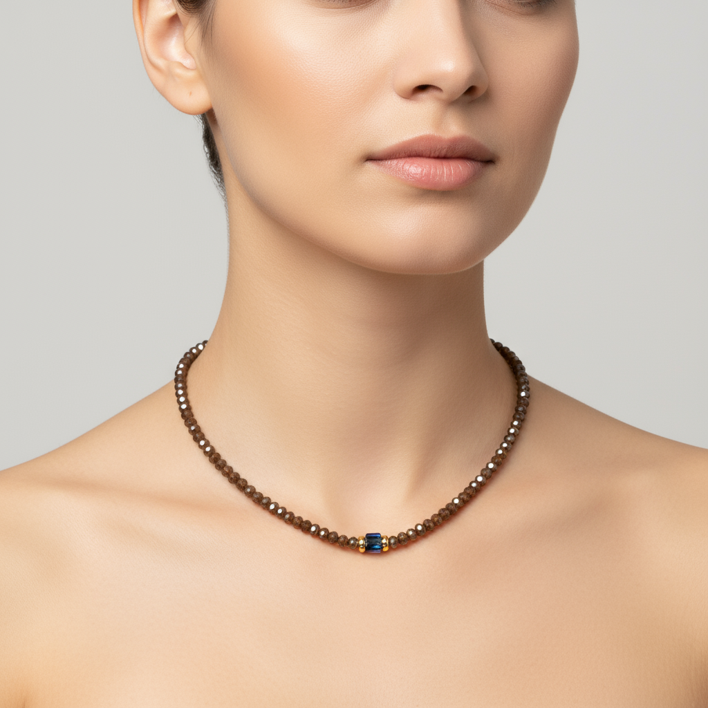 Brown beaded necklace on model