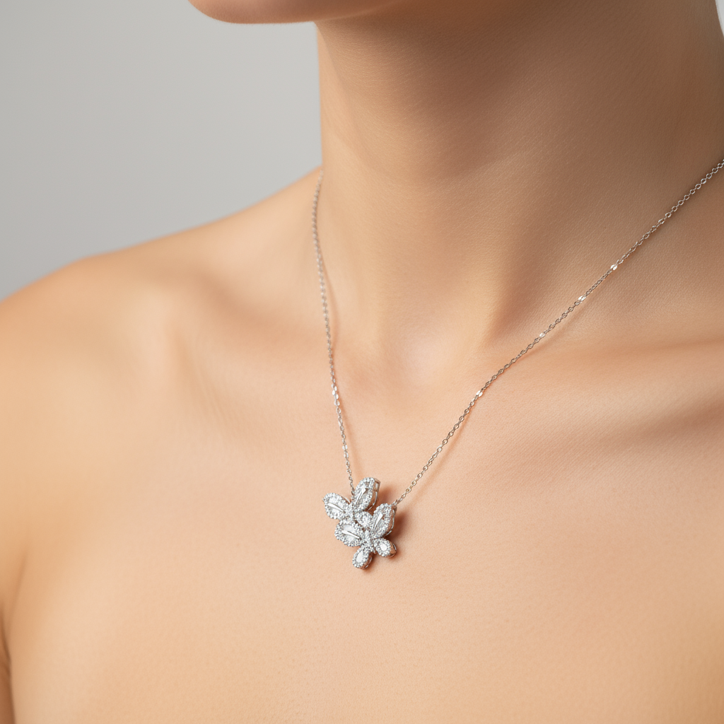 Butterfly necklace on model neck
