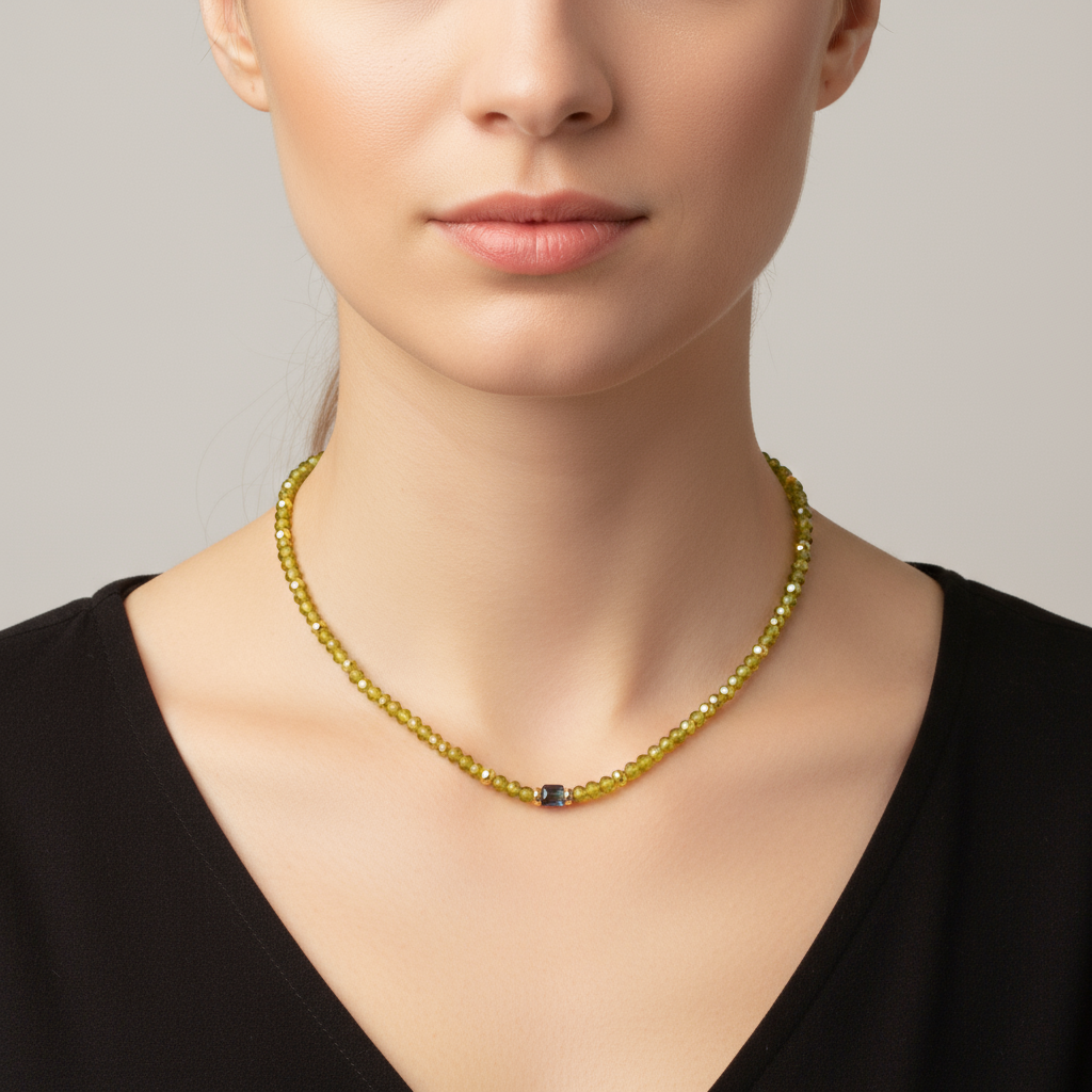 Chartreuse beaded necklace on model
